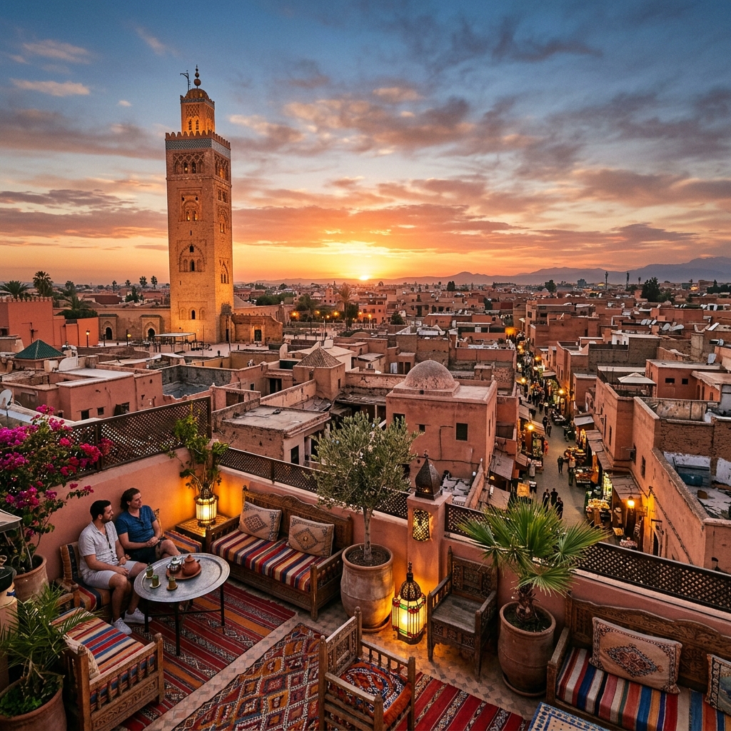 Marrakech rooftop view and minaret at sunset