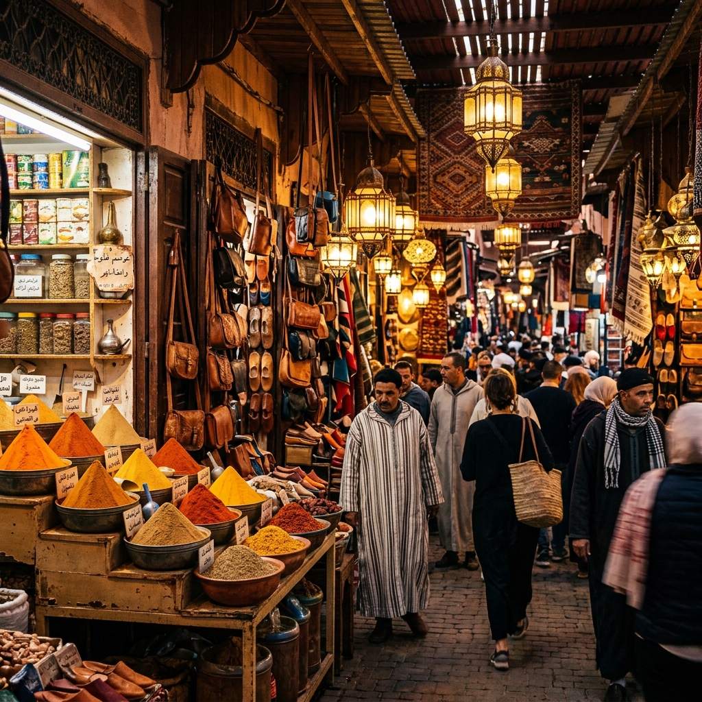 Moroccan spices, leather and lanterns in a souk