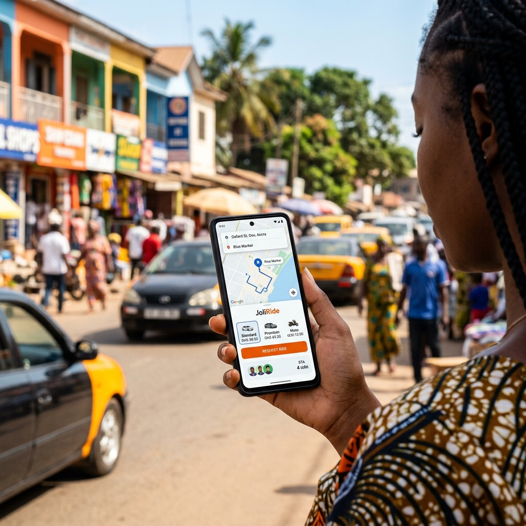 Phone app with driver on street — ride hailing